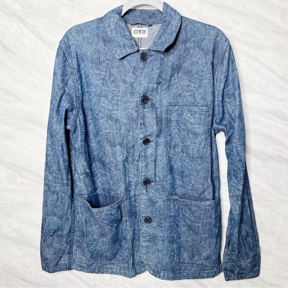 Anthropologie Edwin Union Jacket Laser Palm Print Ocean Blue Medium